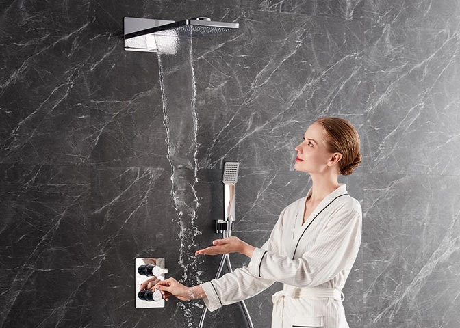 The brass rain shower using Air-Mix technology. The large size of of rain shower creates an encompassing shower experience with aerated water, while using actually less water.